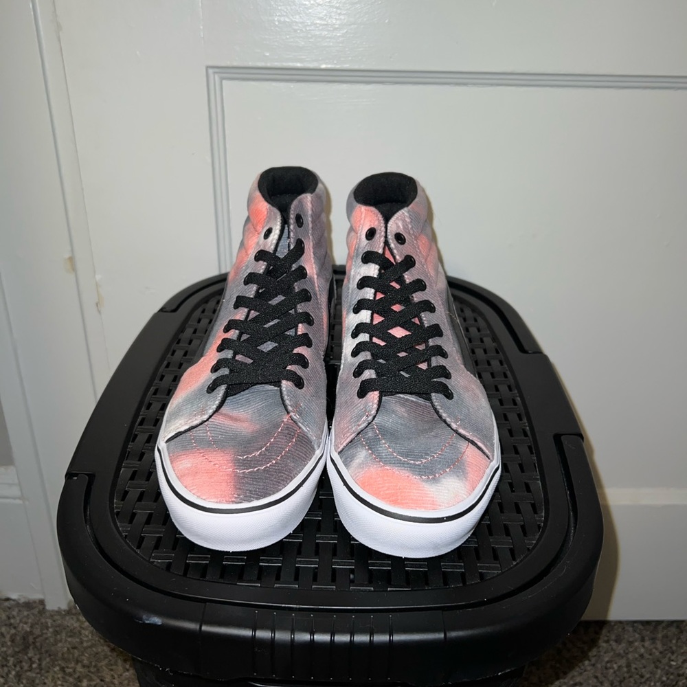High top mens vans  - red and black tie-dye corduroy high tops OBO
